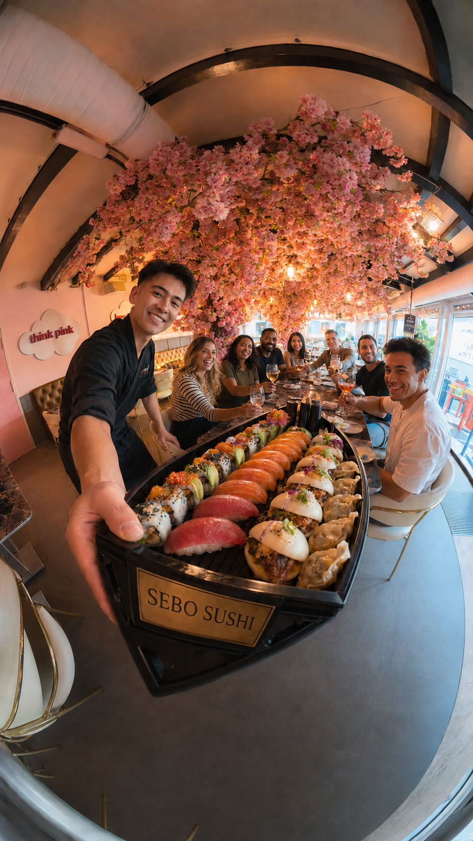 Un gruppo condivide un grande vassoio di sushi SEBO