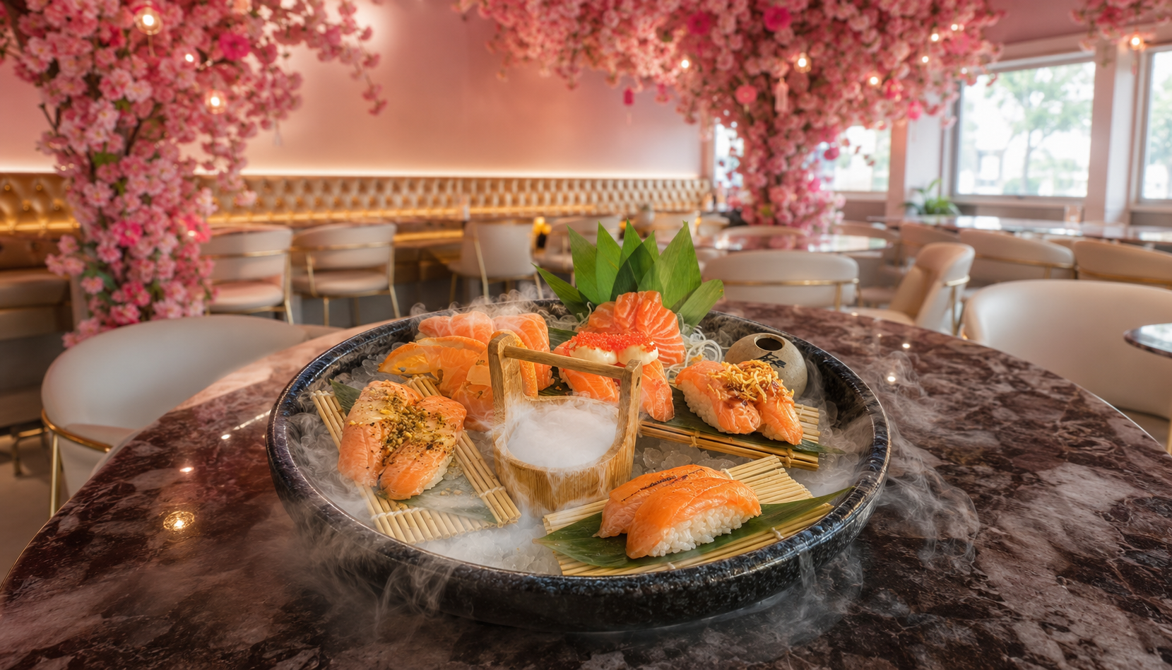 Una composizione di sushi servita nella sala floreale SEBO