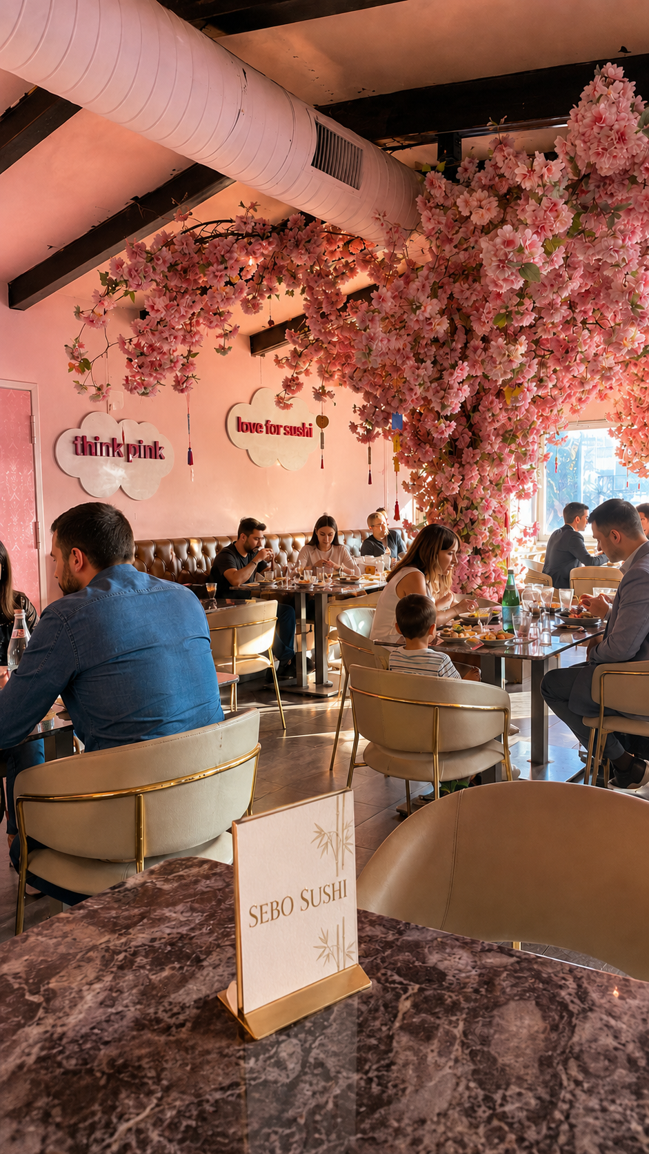 La sala floreale SEBO Sushi piena di ospiti a Roma San Paolo